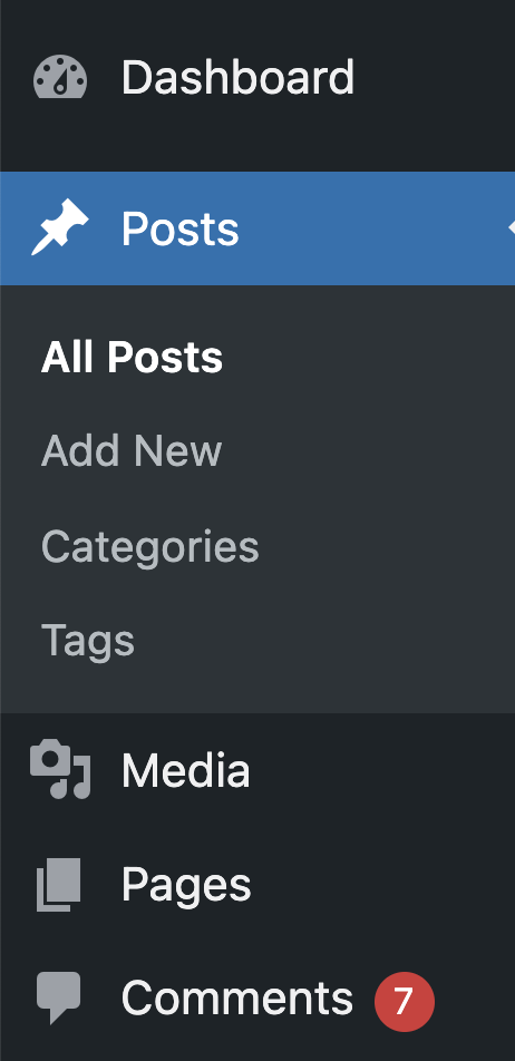 A screenshot of the WordPress admin menu showing the Posts, Media, Pages and Comments menu items