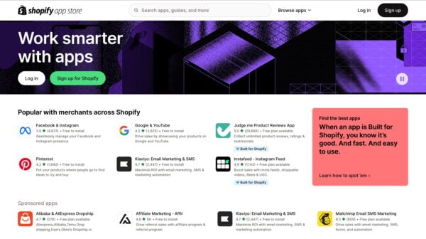 the shopify app store with a selection of popular apps for merchants