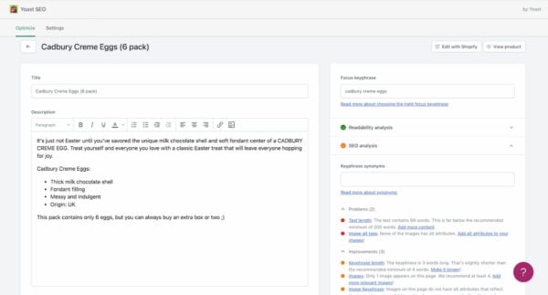 screenshotscreen shot of the product analysis in Yoast SEO for Shopify