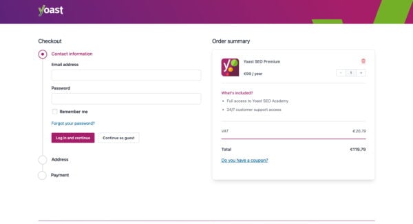 the shopping cart of yoast.com which is powered by WooCommerce