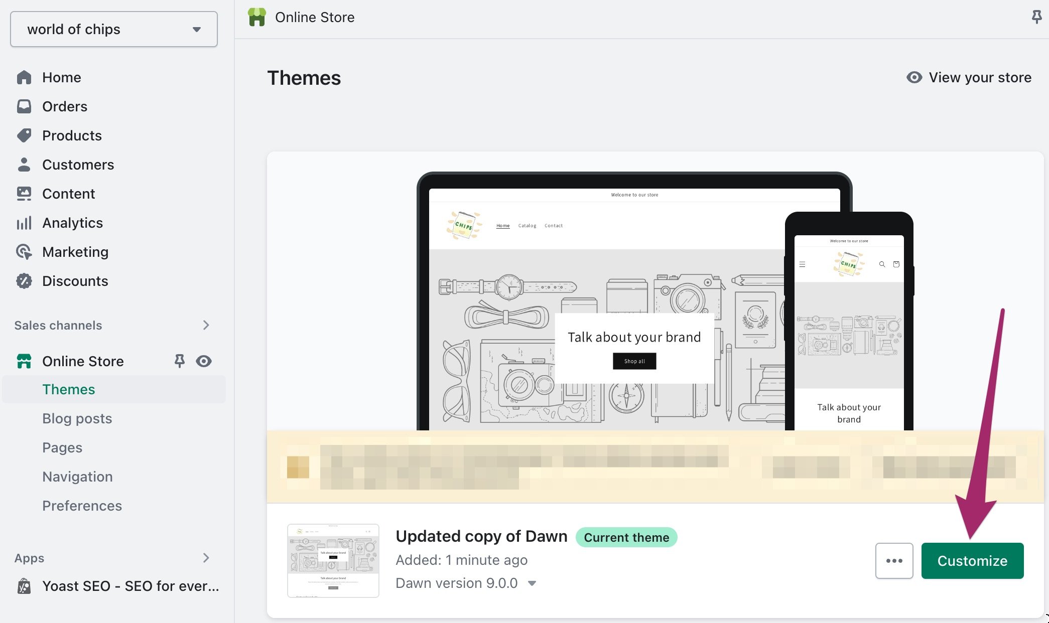 screenshot of the Shopify admin highlighting the Customize button on the Online Store > Themes page