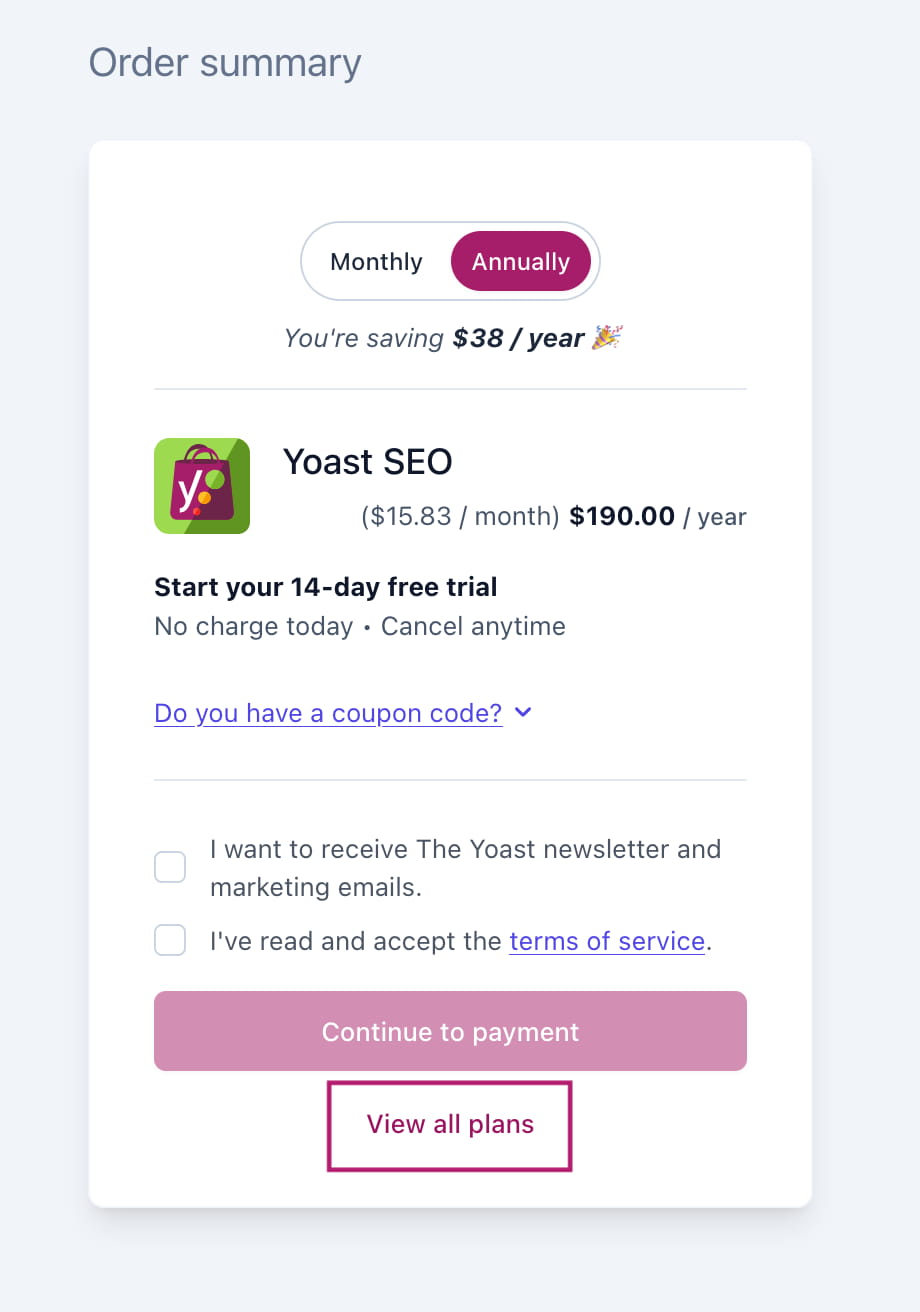The View all plans link after installing Yoast SEO for Shopify.