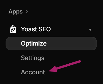 The Account menu in the Yoast SEO for Shopify sidebar.