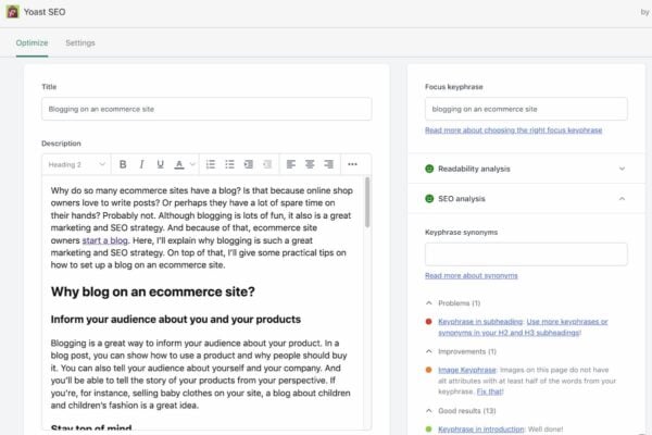 The Yoast SEO analyses in Shopify help improve your ecommerce SEO