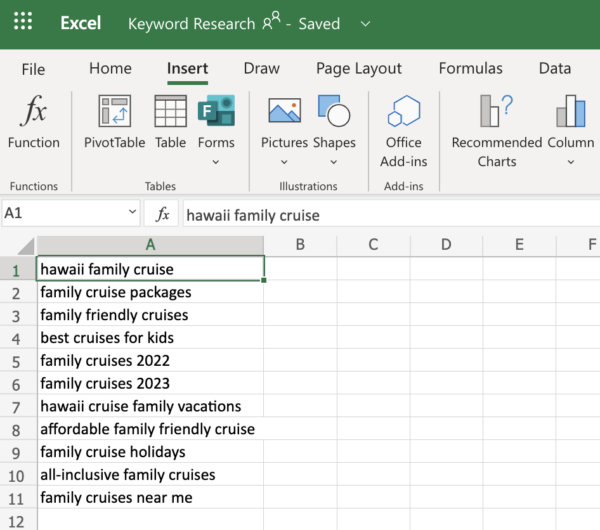An example of how your keyword research sheet might look in Excel