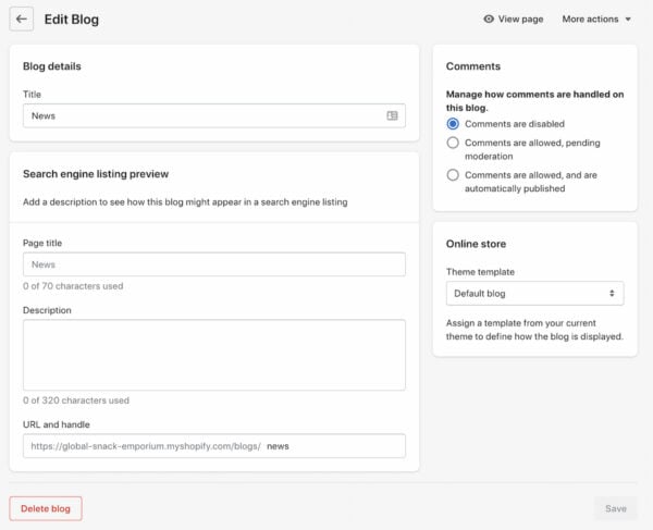 un ejemplo de cómo editar tu blog en Shopify
