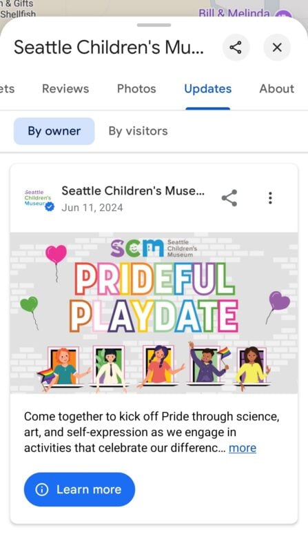 A screenshot of the Seattle Children's Museum's post on their company profile about their proud Playdate event in July.