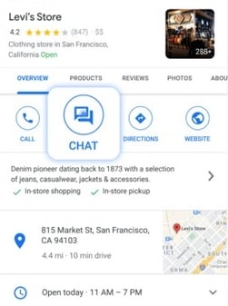 A screenshot of a Levi's store's Google Business profile. The chat feature has been enlarged to highlight where it is located on the page.