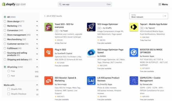 Screenshot of search results for 'SEO app' in Shopify apps