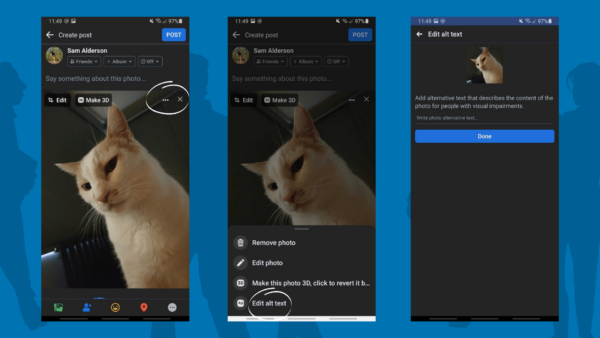 Screenshots of the Facebook app and how to add alt text to your social media posts