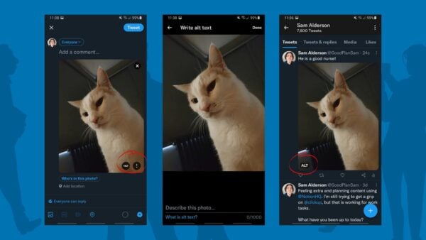 Screenshots of the Twitter app and how to add alt text to your social media posts