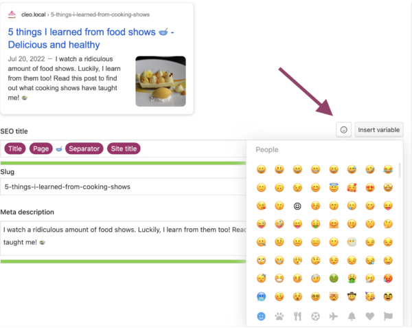 screenshot of the emoji picker in action.  There is a smiley face icon which, when clicked, brings up a list of emojis that you can add to your page title or meta description.