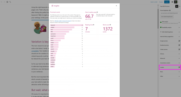 screenshot of the flesch reading ease score in the insights tab along with other insights.