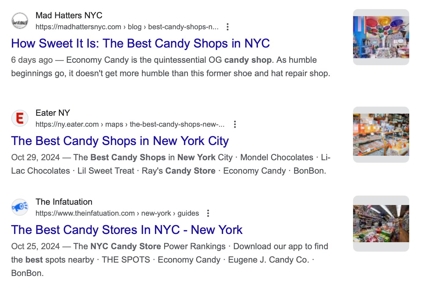 example of a google search showing results for both candy stores and shops in new york as it is a synonym