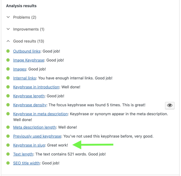 A screenshot of the Yoast SEO analysis with the Keyphrase in slug assessment