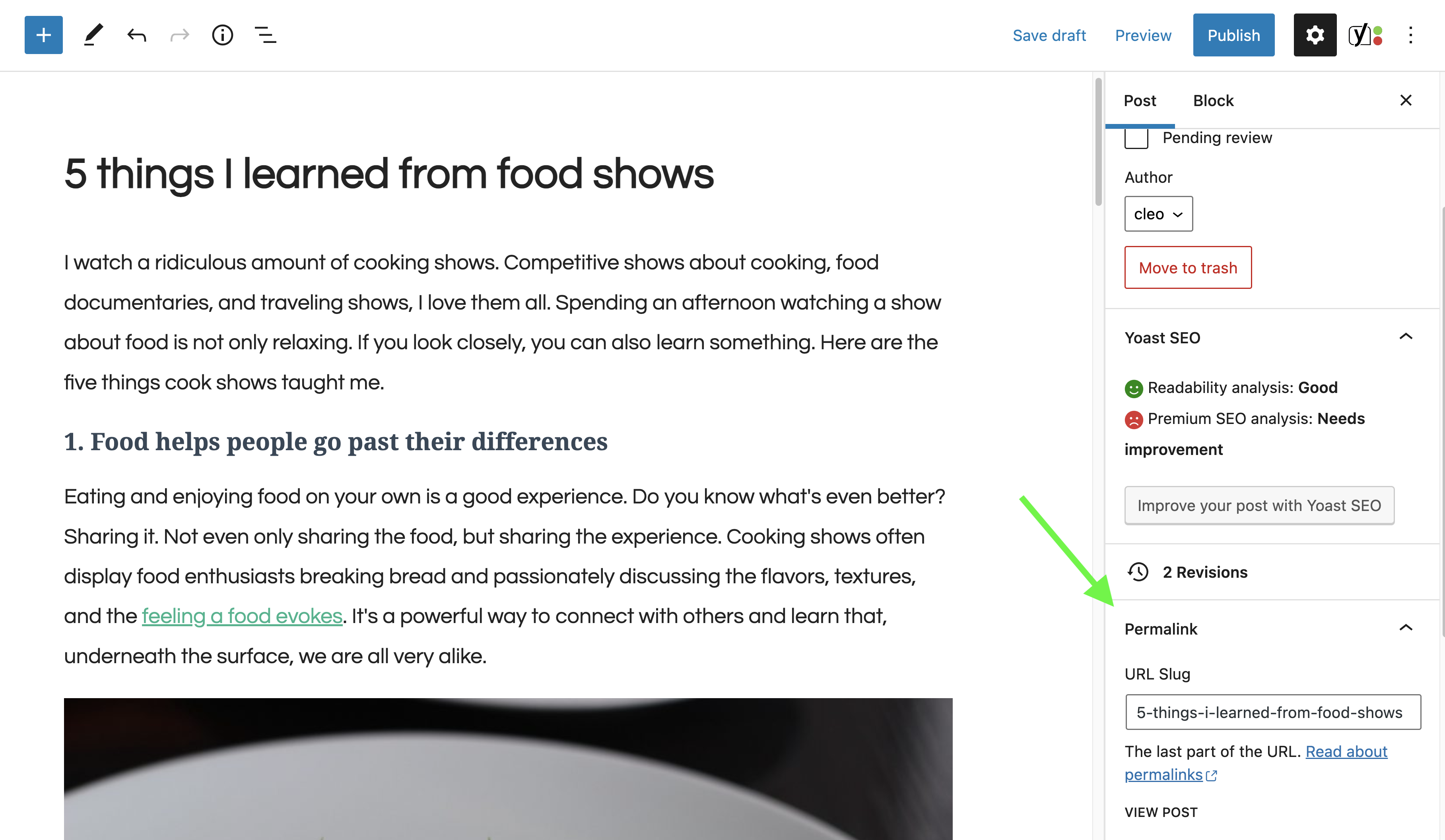 The WordPress station  editor, highlighting the 'Permalink' controls section