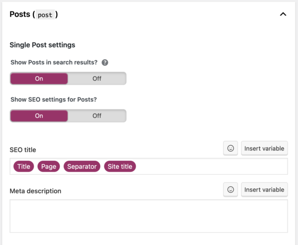 una captura de pantalla de la configuración de Publicaciones en la configuración de Apariencia de búsqueda en Yoast SEO 