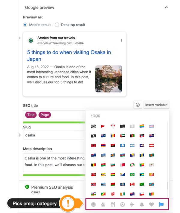 Screenshot showing how to pick the emoji category in the Google preview in Yoast SEO