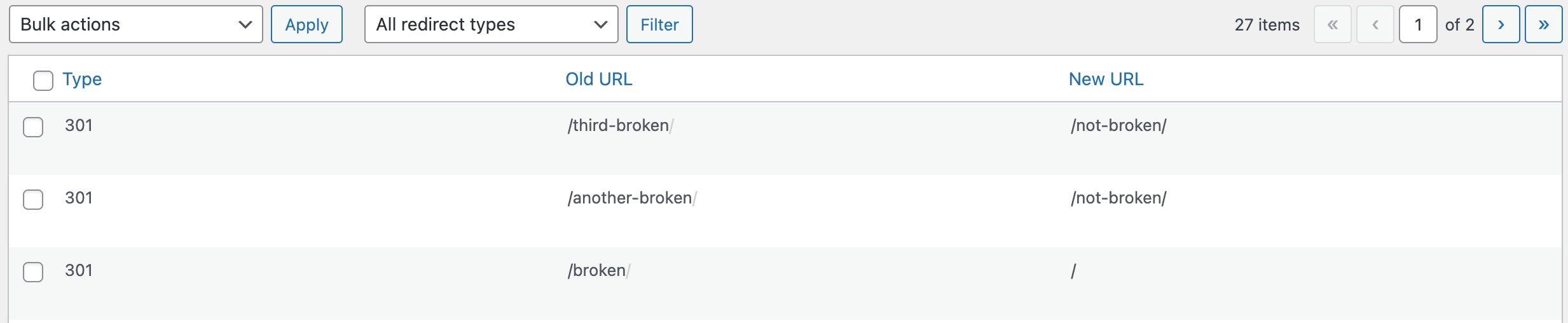 Screenshot showing the list of 301 redirects