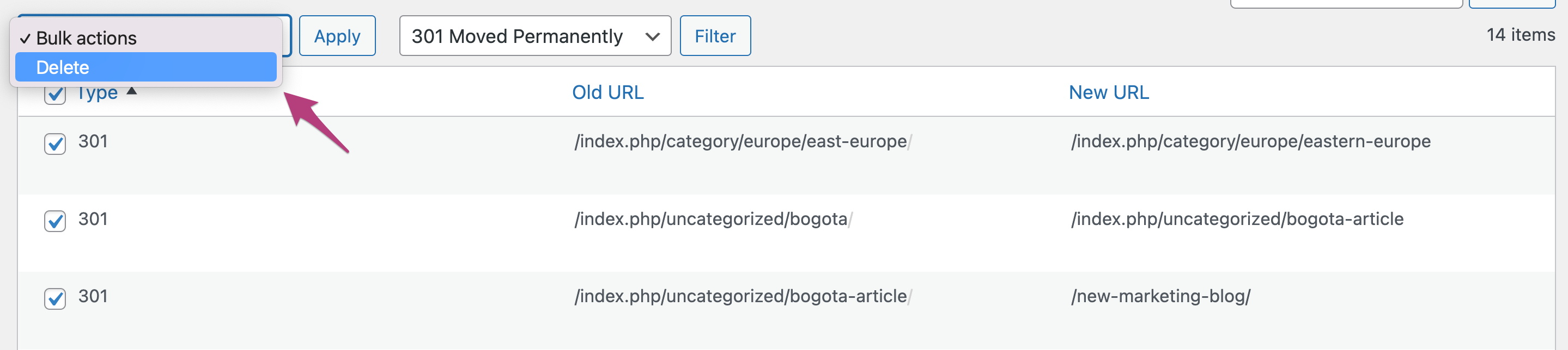 Screenshot showing the Delete option in the Bulk actions drop down