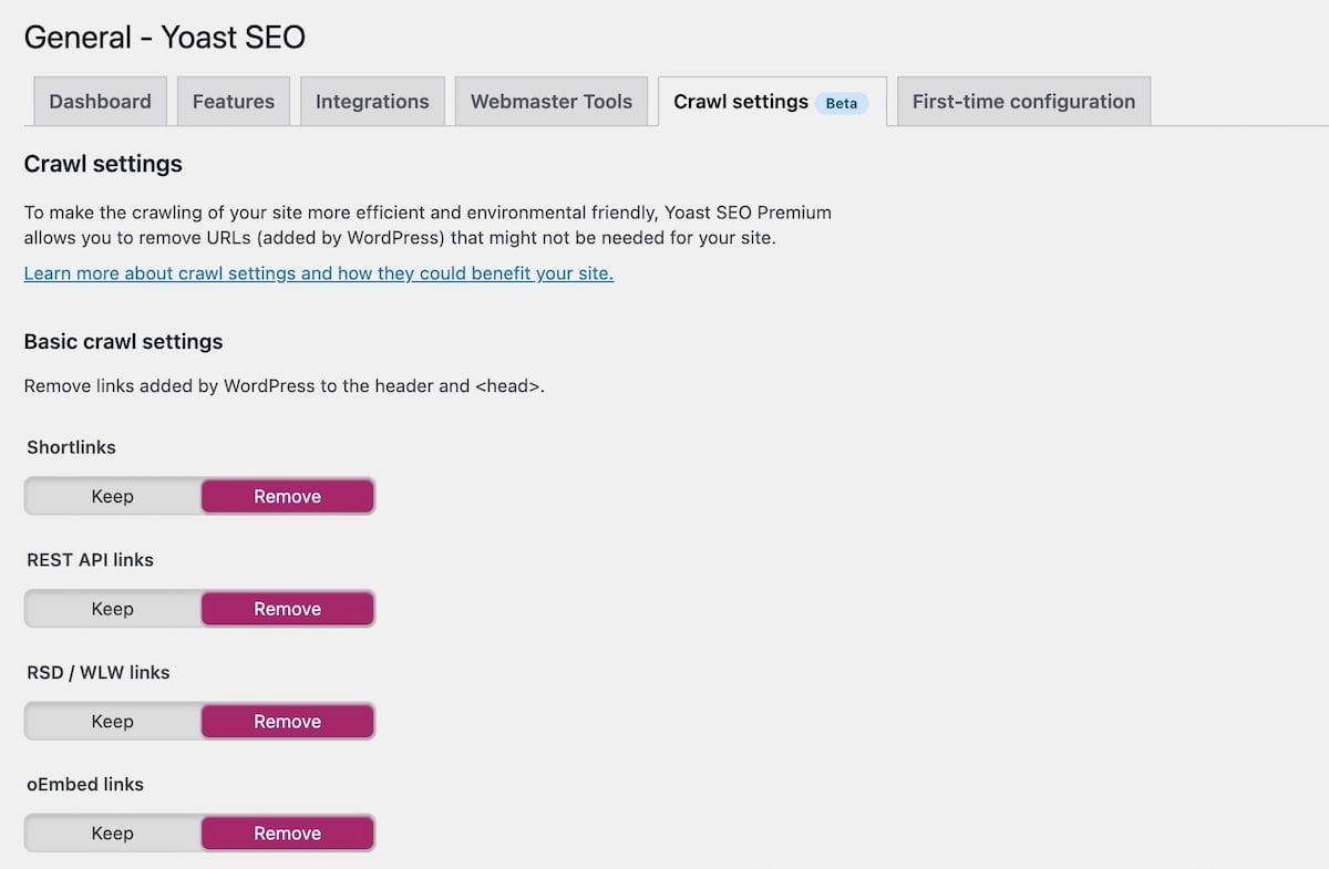 screenshot of the crawl settings in Yoast SEO