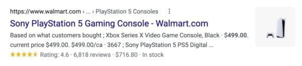 Image des résultats de recherche pour la Playstation 5 de Sony. Sur l'image, vous voyez le prix du produit, les notes et avis des clients, et s'il est en stock. 