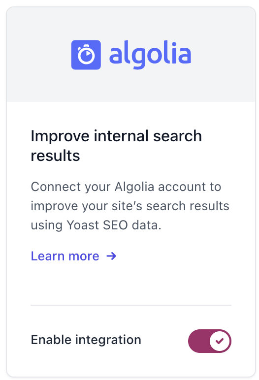 Screenshot of the toggle to enable the Algolia integration in Yoast SEO Premium