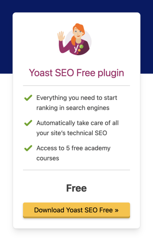 Screenshot of the Yoast SEO Free plugin box. On the bottom of the image is a button that says: Download Yoast SEO Free.
