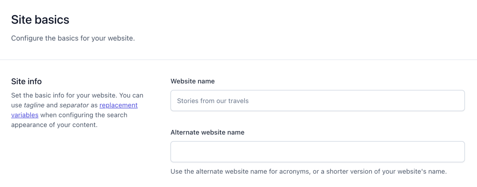 Screenshot showing the website name input field in Yoast SEO