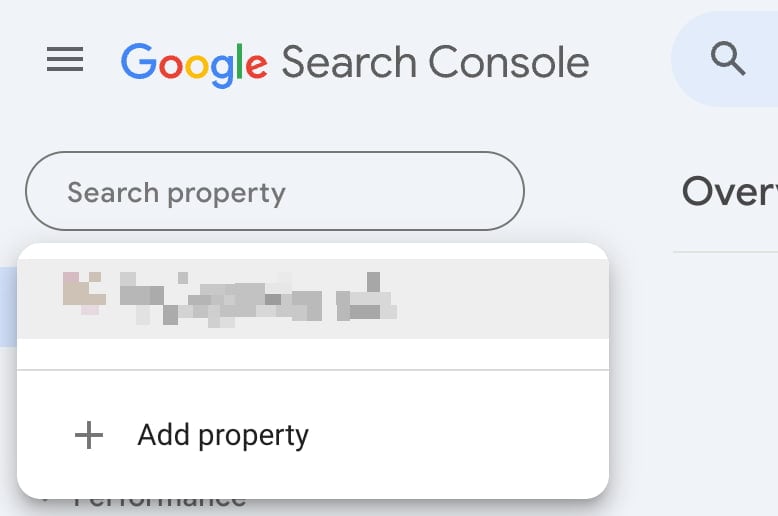 adding a new site property in the top left-hand side of the search console screen