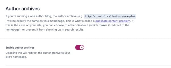 Screenshot of the Author archives settings in Yoast SEO