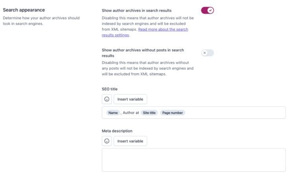 Screenshot of the Search appearance section in the Author archives settings in Yoast SEO.
