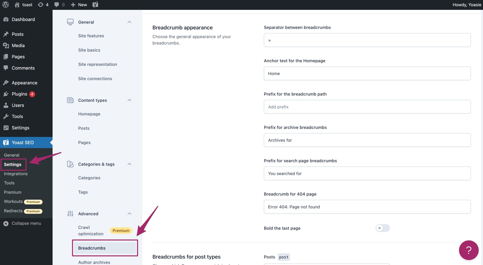 Yoast SEO settings Breadcrumbs • Yoast