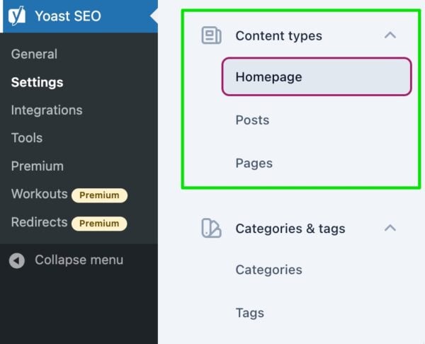 Screenshot of the the "Content types" menu item in the Yoast SEO settings