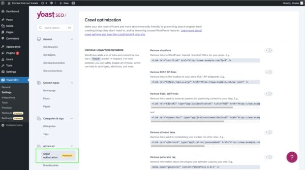 A screenshot of the crawl optimization settings in Yoast SEO Premium