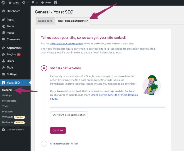 Screenshot of the first-time configuration tab in the Yoast SEO General menu item.