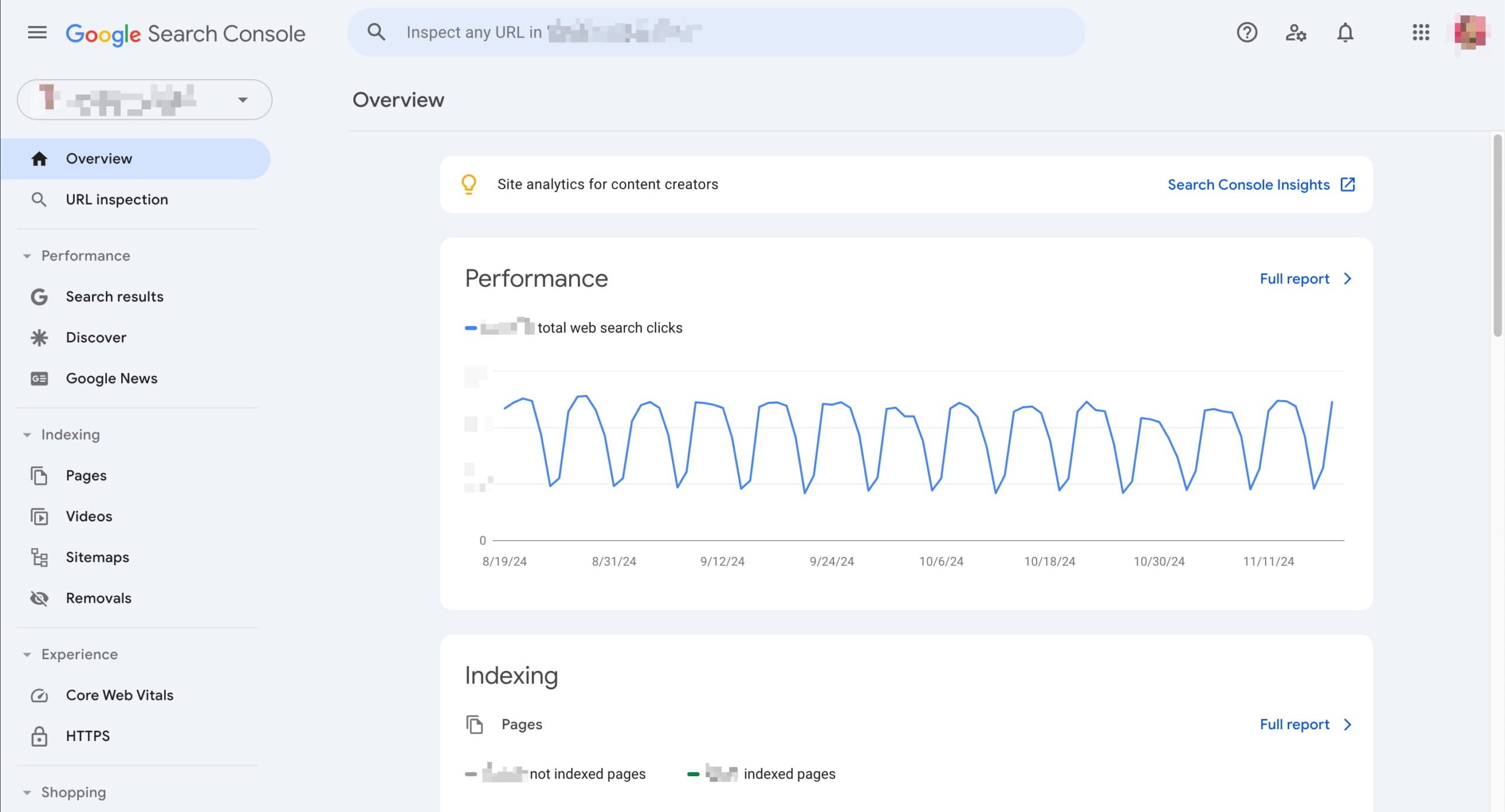 the google search console overview page with menu items to the left and graphs on the right