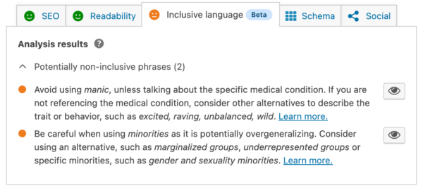 example of a check in the inclusive language analysis in Yoast SEO