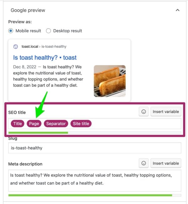Screenshot of the 'Page' variable in the SEO title field in the Google preview in the Yoast SEO metabox.