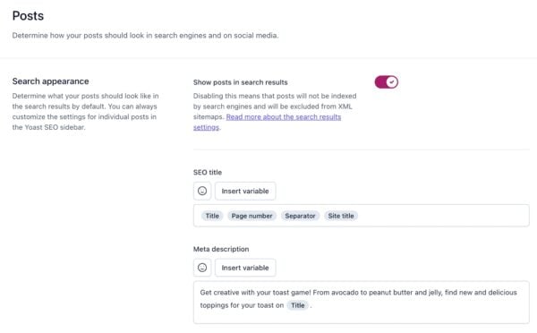 Screenshot of the "Search appearance" section of the Posts settings in Yoast SEO