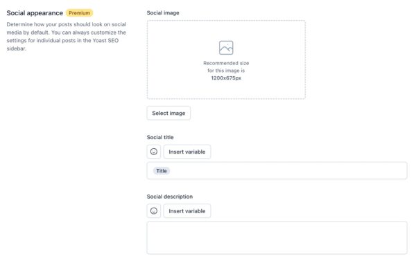 Screenshot of the "Social appearance" section in the Posts settings in Yoast SEO