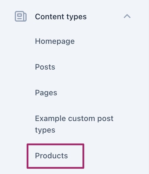 Screenshot of the "Products" menu item below the "Content types" heading in the Yoast SEO settings.