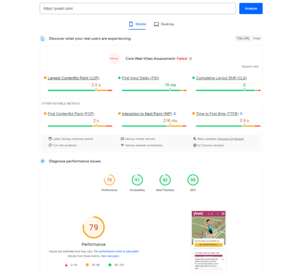 This is a screens،t of a page audit in PageS،d Insights. It s،ws you the Core Web Vitals score of a page and other metrics such as First Contentful Paint, Interaction to Next Paint and Time to First Byte.