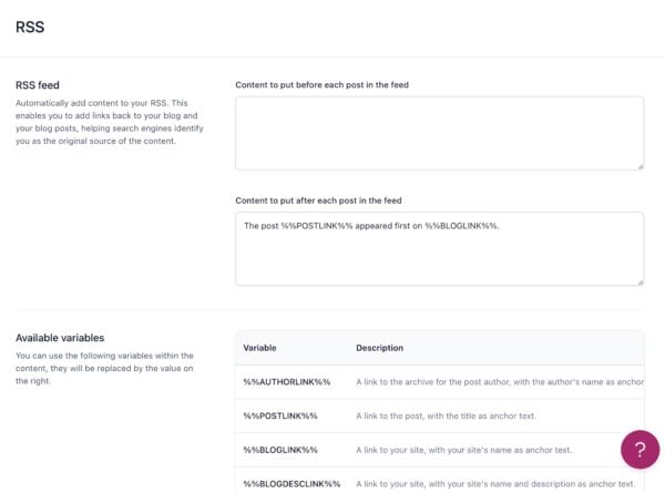 Screenshot of the RSS settings in Yoast SEO