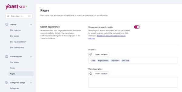 Content type settings for the Pages post type in Yoast SEO
