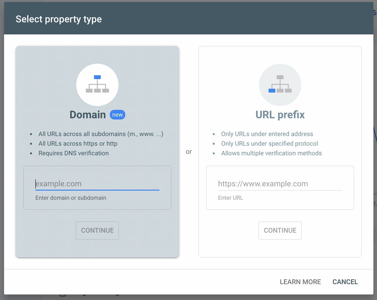 selecting the property type gives two options, for domain or url prefix