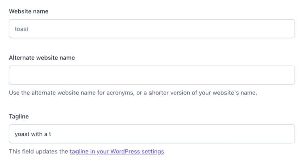 Screenshot of the Website name, Alternate website name, and Tagline settings in the Site basics settings of Yoast SEO. 