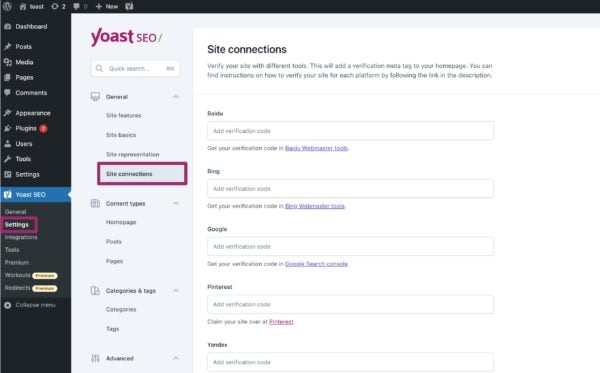 Screenshot of the Site connections settings in Yoast SEO. 