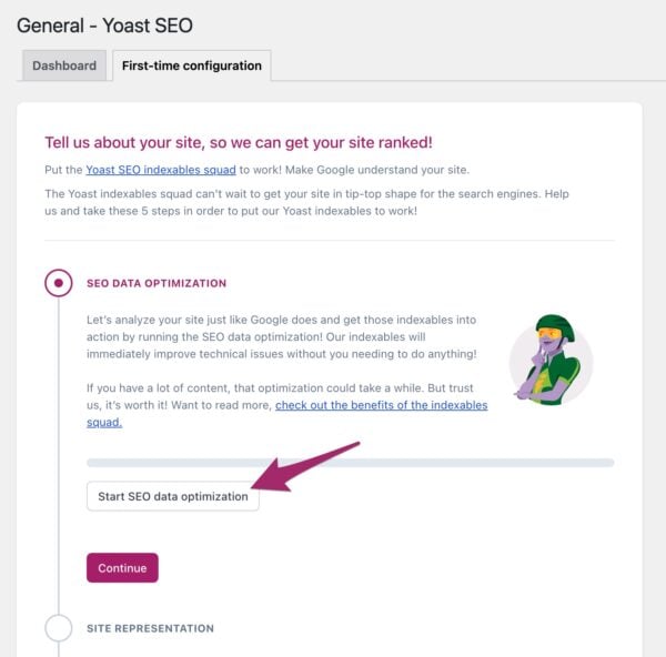 Screenshot of the "Start SEO data optimization" button in the First-time configuration in Yoast SEO