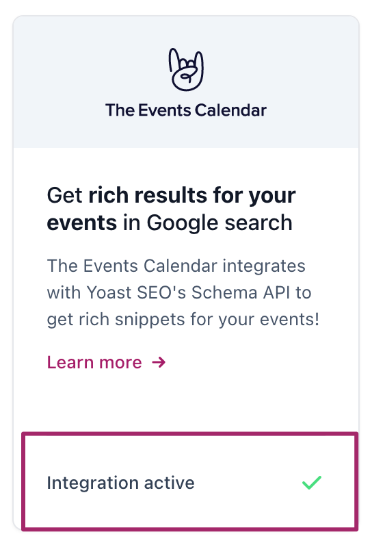 The Events Calendar integration card in Yoast SEO shows that the integration is active
